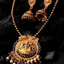 ANIKAS CREATION  Gold-Plated & Blue Stone-Studded Goddess Laxmi Temple Jewellery Set-picture-26
