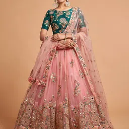 FABPIXEL Peach-Coloured & Green Embroidered Mirror Work Kalamkari Semi-Stitched Lehenga & Unstitched Blouse-9