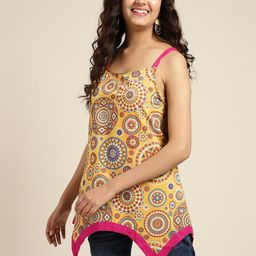Sangria Teen Girls Mustard Yellow & Blue Pure Cotton Ethnic Asymmetric Hem A-Line Top-image-6