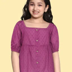 HERE&NOW Girls Fuchsia Cotton Pink Off-Shoulder Dobby Weave Smocked A-Line Top-picture-0