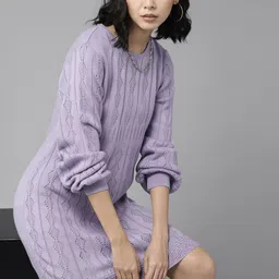 The Roadster Lifestyle Co. Lavender Ethnic Motifs Open Knit Jumper Dress-image-42