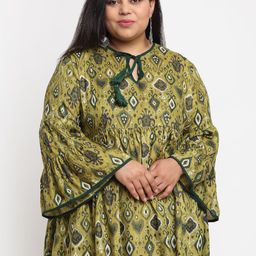 sindrellastorie Plus Size Green & White Ikat Tie-Up Neck Pure Cotton Top-picture-13