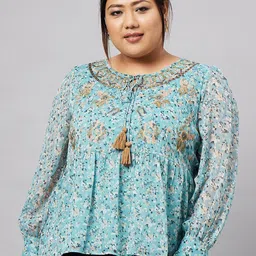 Antheaa Curve Plus Size Floral Printed Tie-Up Neck Empire Top-image-18