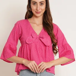 KALINI Geometric Print Bell Sleeve Cotton Peplum Top-image-15