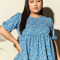 Berrylush Curve Plus Size Blue Floral Printed A-Line Top-84