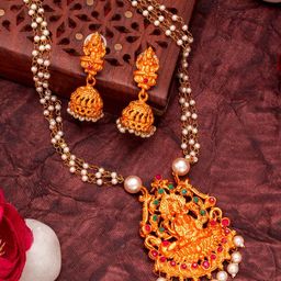 aadita Gold-Plated Red & Green Stone-Studded Pearls Beaded Temple Jewellery Set-image-98