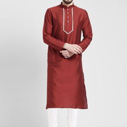 KISAH Men Maroon & White Yoke Design Kurta with Churidar-52