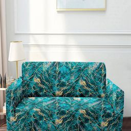 Cortina Teal Green Printed Polyester 4 Seater Stretchable Non-Slip Sofa Cover-5