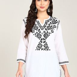 VAHSON Floral Embroidered Pure Cotton A-Line White Lucknowi Chikankari Kurti-picture-45