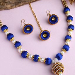 AKSHARA Gold-Plated White & Blue Stones-Studded & Beaded Wooden Balls Silk Thread Jewellery Set-image-11