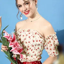EVERYDAY by ANI Floral Printed Off-Shoulder Puff Sleeve Chiffon Bardot Crop Top-picture-55