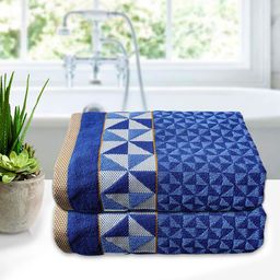 Kuber Industries Set of 2 Blue & White Printed 400 GSM Pure Cotton Bath Towels-15