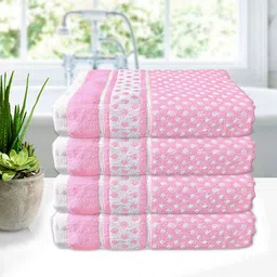 Kuber Industries Unisex Set Of 4 Pink & White Printed 400 GSM Pure Cotton Bath Towels-18