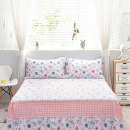 JC HOME Pink & White Printed Double Queen Size Pure Cotton Bedcover & 2 Pillow Cover-image-52