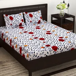 Story@home White & Red Floral Fitted and Flat 160 TC Cotton 1 Queen Bedsheet with 2 Pillow Covers-image-82