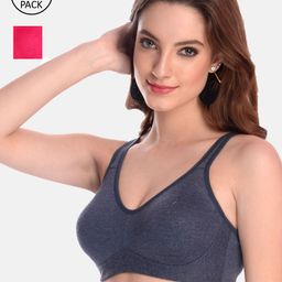 LOTUSLEAF Women Set Of 2 Navy Blue & Coral-Coloured Classic Soft Cup High Support Bra-7