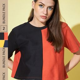 GUTI Pack Of 2 Colourblocked Crop Cotton Boxy Tops-image-42