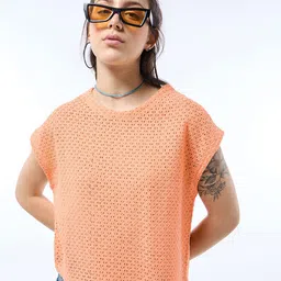 Bewakoof Peach Oversized Self Design Extended Sleeves Cotton Crochet Boxy Top-picture-6