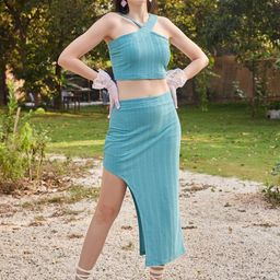 PURVAJA Self Design Halter Neck Top With Skirt Co-Ords-picture-7
