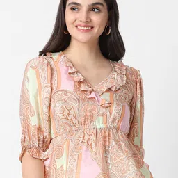 VASTRADO Beige Print Puff Sleeve Bohemian Crop Top-image-33