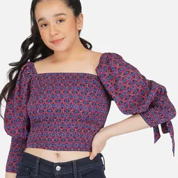 Antheaa Blue Floral Print Smocked Chiffon Crop Top-picture-8