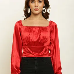 ADDICTED ATTIRE Square Neck Cuffed Sleeves Gathered Detailed Satin Fitted Crop Top-image-18