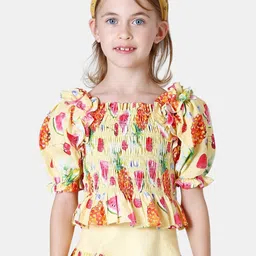 One Friday Yellow Floral Print Off-Shoulder Blouson Crop Top-image-43