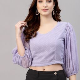NEUDIS Women Lavender Self Design Chiffon Puff Sleeves Blouson Crop Top-image-52