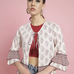 TANDUL Print Tie-Up Neck Bell Sleeve Cotton Crop Top-picture-13