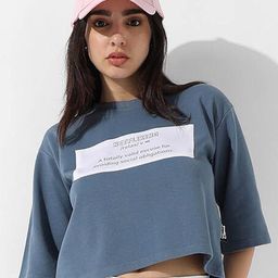 Campus Sutra Blue Typography Print Cotton Crop T-shirt-image-65
