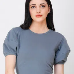 Cation Grey Puff Sleeves Fitted Cotton Crop Top-image-12