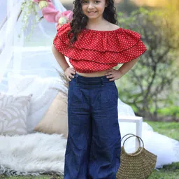 Cutiekins Girls Polka Dots Printed Off Shoulder Ruffles Blouson Crop Top-image-25