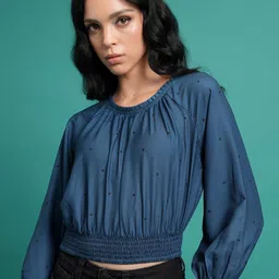 Tokyo Talkies Blue & Black Polka Dot Printed Smocked Raglan Sleeves Blouson Regular Top-image-46