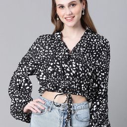 Oxolloxo Abstract Printed V-Neck Puff Sleeve Gathered & Tie Up Bardot Crop Top-picture-28