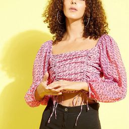 ANVI Be Yourself Abstract Printed Puff Sleeves Ruched Tie-Up Crop Top-image-91