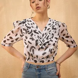Marie Claire White Animal Print Puff Sleeves Pleated Chiffon Blouson Crop Top-image-70
