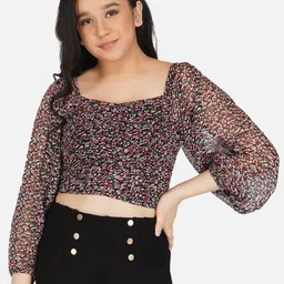 Antheaa Girls Black & Red Floral Print Chiffon Fitted Crop Top-picture-26