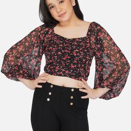 Antheaa Black Floral Print Smocked Chiffon Blouson Crop Top-25