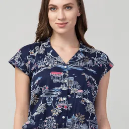 BAESD Conversational Print Shirt Collar Extended Sleeves Cotton Crop Top-image-42