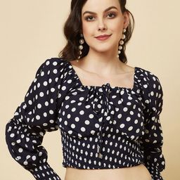 RAASSIO Polka Dot Print Puff Sleeve Smocked Blouson Crop Top-image-62
