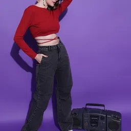 Stylecast X Kotty Maroon Round Neck Long Sleeves Tie-Ups Crop Top-image-81
