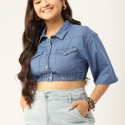 DressBerry Teen Girls Shirt Style Boxy Fit Pure Cotton Crop Top-picture-49