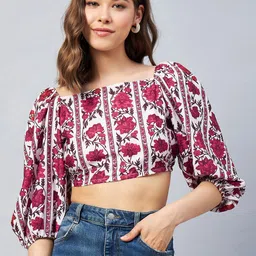 Orchid Blues Floral Print Puff Sleeve Blouson Crop Top-image-54