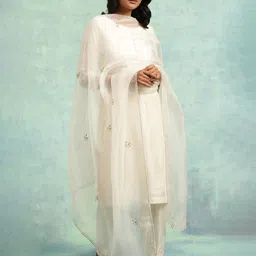 W The Folksong Collection White Ethnic Motifs Embroidered Silk Dupatta With Taping Border-picture-2