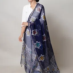 Unnati Silks Ethnic Motifs Batik Printed Zari Detail Pure Cotton Dupatta-picture-35