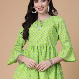 God Bless Geometric Print Tie-Up Neck Bell Sleeve Cotton Empire Top-image-51