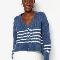 Trendyol Striped V-Neck Acrylic Crop Cardigan-image-54