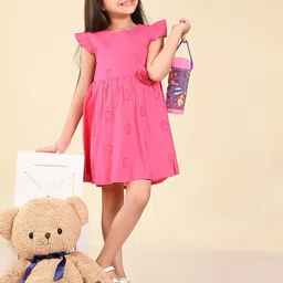 LilPicks Girls Self Designed Flutter Sleeves Gathered Cotton Fit & Flare Dress-picture-52