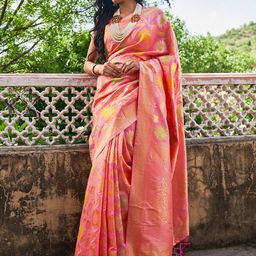 Janasya Pink & Gold-Toned Floral Woven Design Zari Banarasi Saree-image-23