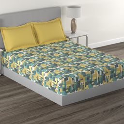MYTRIDENT Yellow  Green Printed Cotton 144 TC Queen Bedsheet With 2 Pillow Covers-17